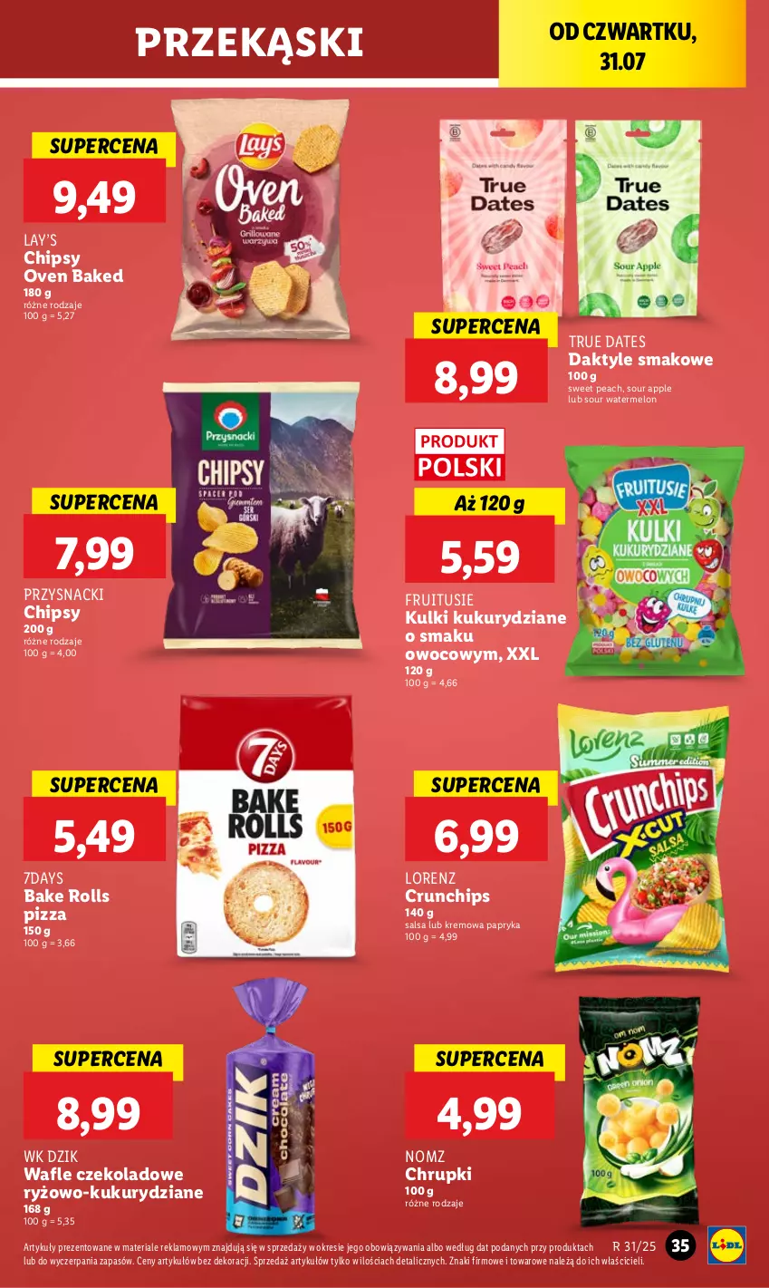 Gazetka promocyjna Lidl - GAZETKA - ważna 31.07 do 02.08.2025 - strona 45 - produkty: Bake Rolls, Chipsy, Chrupki, Crunchips, Daktyle, Lay’s, Lorenz, Melon, Papryka, Pizza, Przysnacki, Ryż, Salsa, Wafle