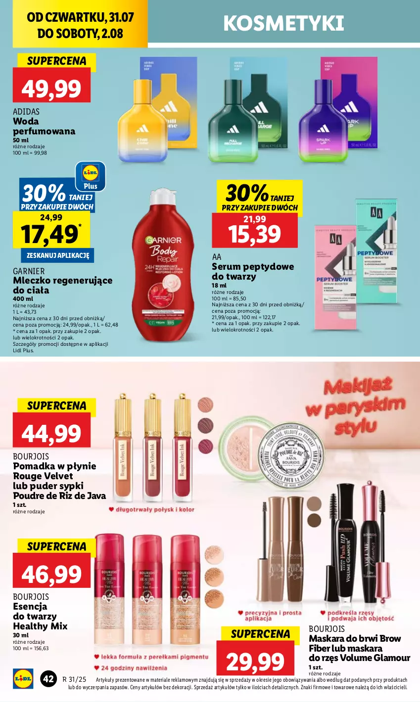Gazetka promocyjna Lidl - GAZETKA - ważna 31.07 do 02.08.2025 - strona 56 - produkty: Adidas, Bourjois, Garnier, Maska, Maskara, Mleczko, Perfum, Puder, Rum, Ser, Serum, Velvet, Woda, Woda perfumowana