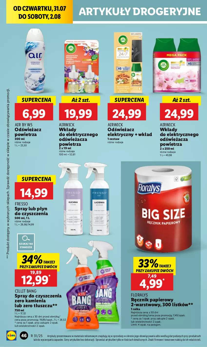 Gazetka promocyjna Lidl - GAZETKA - ważna 31.07 do 02.08.2025 - strona 60 - produkty: Cillit Bang, Flora, Odświeżacz powietrza, Papier, Ręcznik, Spray do czyszczenia