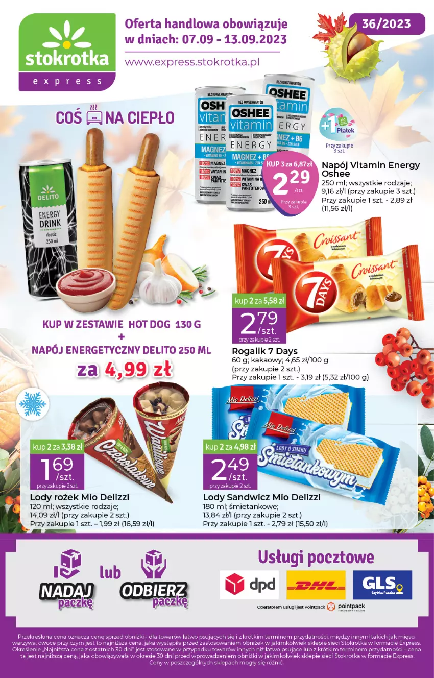 Gazetka promocyjna Stokrotka - Stokrotka Express - ważna 07.09 do 13.09.2023 - strona 1 - produkty: 7 Days, Hot dog, Kakao, Lody, Mięso, Napój, Napój energetyczny, Oshee, Rogal, Top