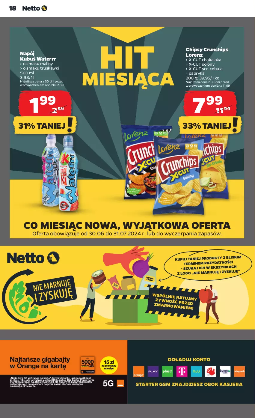 Gazetka promocyjna Netto - Od Czwartku - ważna 18.07 do 24.07.2024 - strona 18 - produkty: Cebula, Chipsy, Crunchips, Kubuś, Kubuś Waterrr, Lorenz, Maliny, Napój, Papryka, Ser, Truskawki