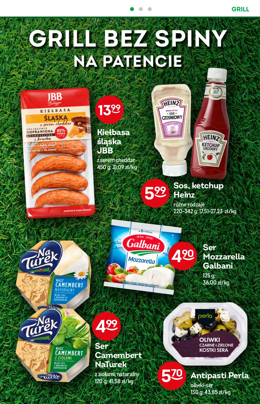 Gazetka promocyjna Żabka - ważna 27.07 do 02.08.2022 - strona 38 - produkty: Camembert, Cheddar, Galbani, Grill, Heinz, Ketchup, Kiełbasa, Kiełbasa śląska, Mozzarella, NaTurek, Oliwki, Ser, Sos