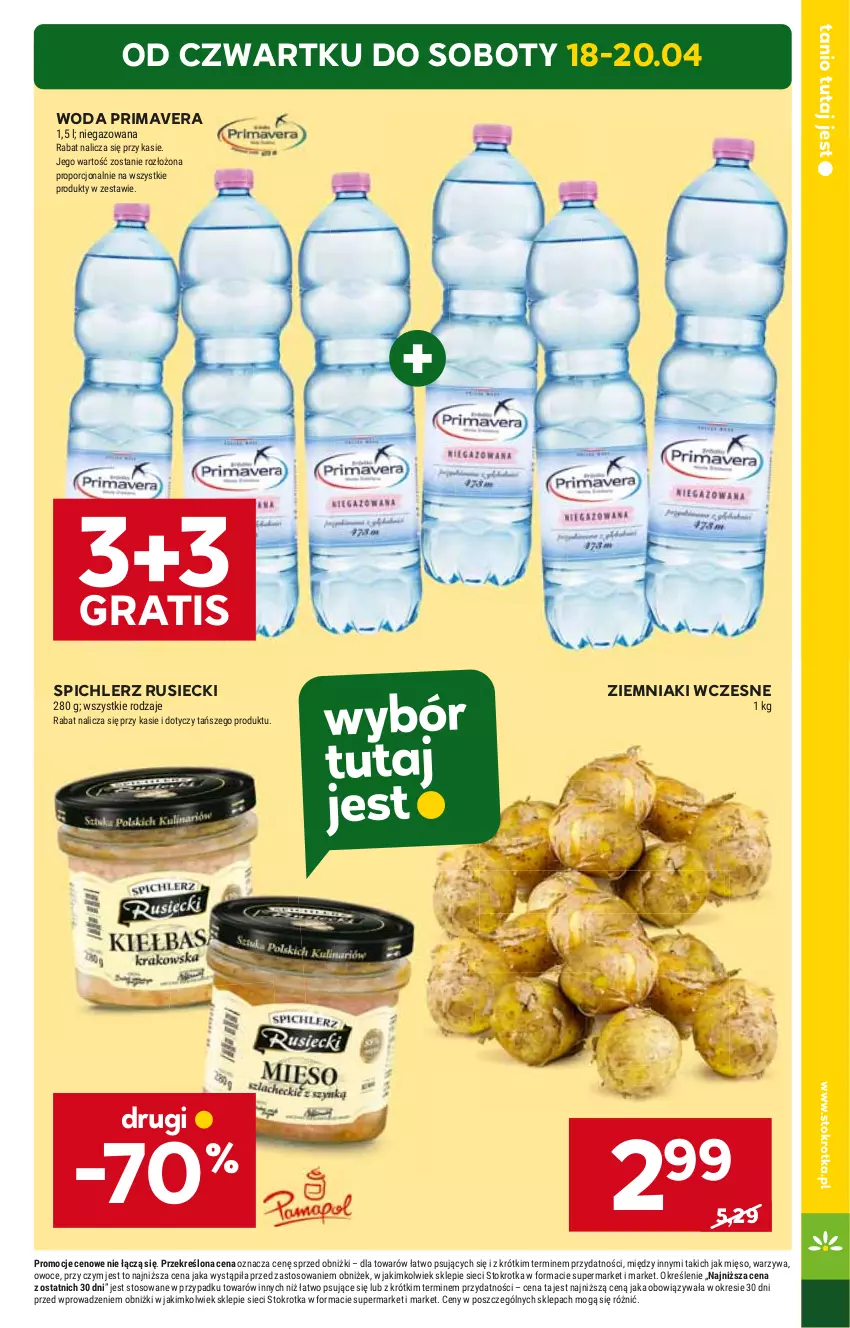 Gazetka promocyjna Stokrotka - Supermarket - ważna 18.04 do 24.04.2024 - strona 3 - produkty: Gra, Prima, Primavera, Spichlerz Rusiecki, Woda, Ziemniaki