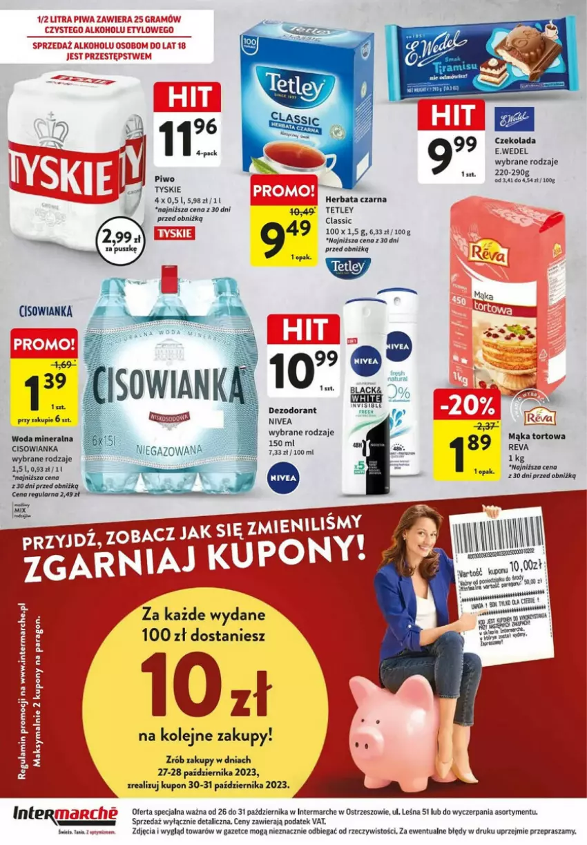 Gazetka promocyjna Intermarche - ważna 26.10 do 31.10.2023 - strona 4 - produkty: Cisowianka, Czekolada, Dezodorant, Gra, Herbata, Herbata czarna, Lack, Nivea, Olej, Piwa, Piwo, Tyskie