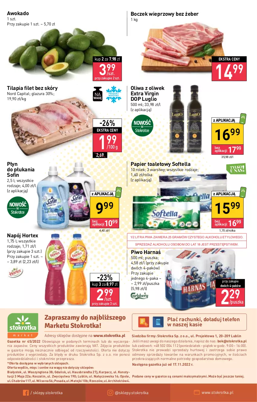 Gazetka promocyjna Stokrotka - Market - ważna 10.11 do 16.11.2022 - strona 12 - produkty: Boczek, Boczek wieprzowy, Dres, Gin, Glazura, Gra, Harnaś, Hortex, JBL, Karp, Kosz, Lazur, Napój, O nas, Oliwa, Oliwa z oliwek, Papier, Papier toaletowy, Piwa, Piwo, Płyn do płukania, Ser, Szal, Telefon, Tilapia, Wagi, Wilson