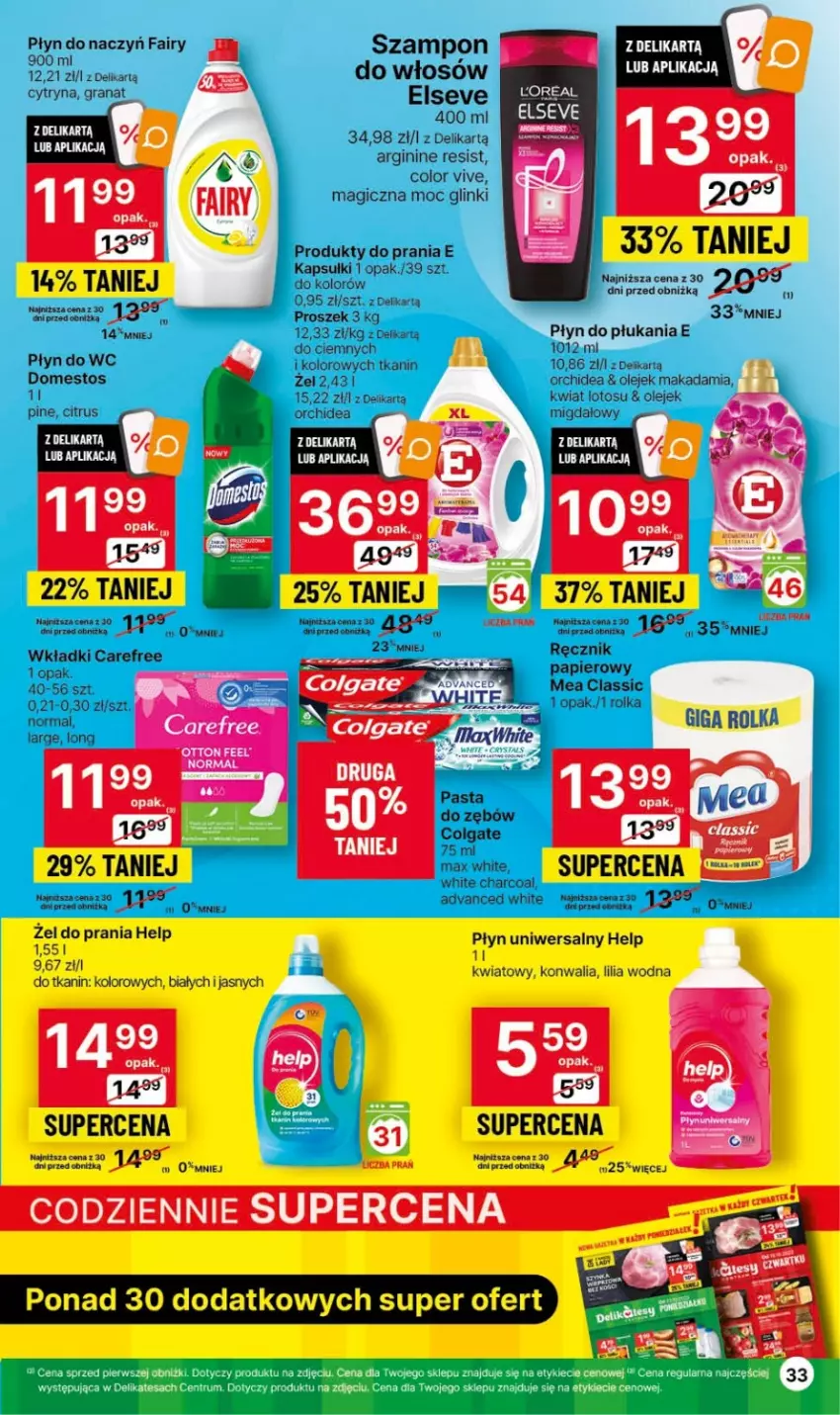 Gazetka promocyjna Delikatesy Centrum - Gazetka DC41czw-sr - ważna 19.10 do 25.10.2023 - strona 33 - produkty: Carefree, Colgate, Domestos, Elseve, Fa, Fairy, Gin, Gra, Granat, LG, Olej, Pasta do zębów, Płyn do płukania, Płyn do wc, Szampon, Wkładki