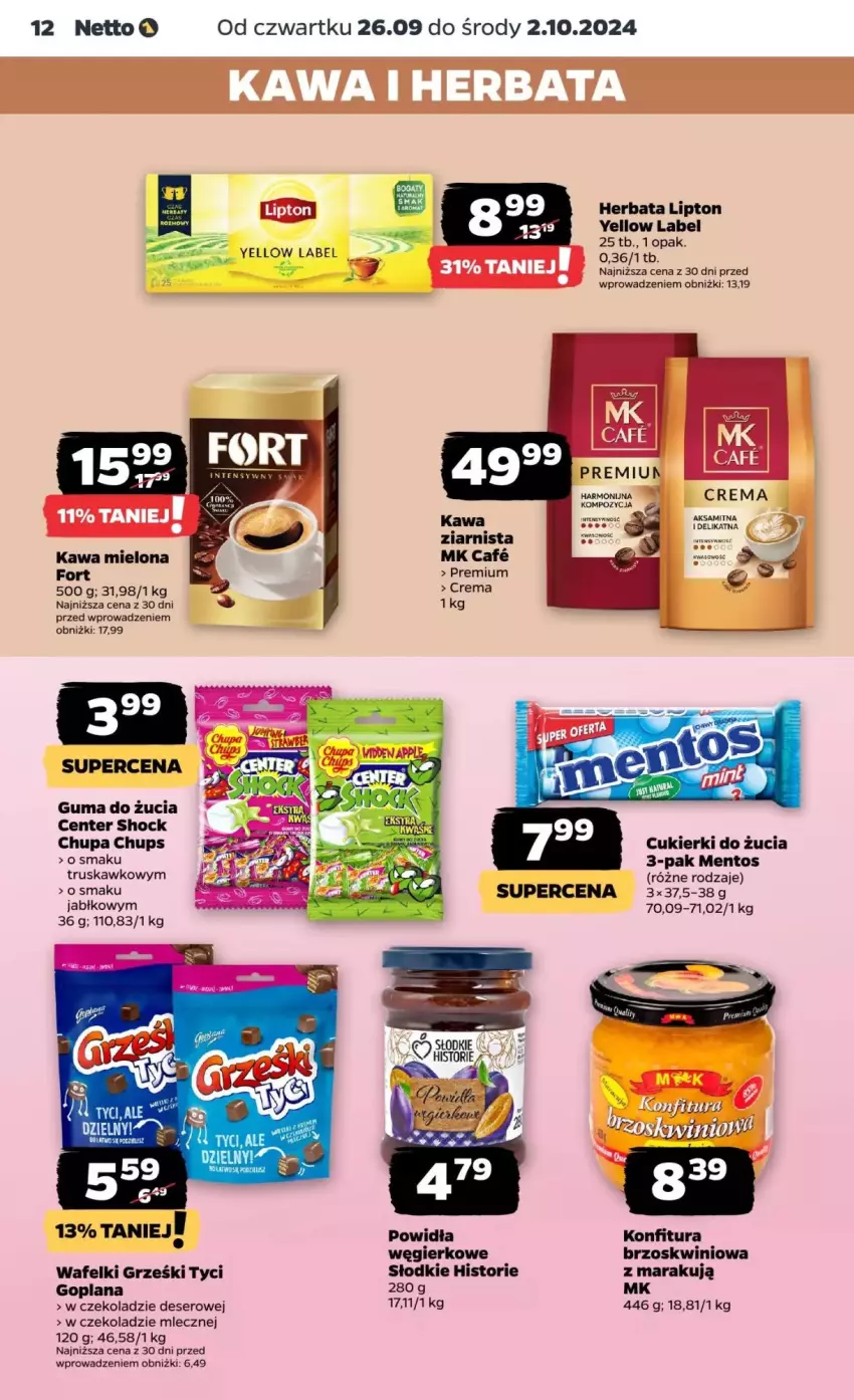 Gazetka promocyjna Netto - ważna 26.09 do 02.10.2024 - strona 10 - produkty: Chupa Chups, Cukier, Cukierki, Deser, Goplana, Grześki, Guma do żucia, Herbata, Kawa, Kawa mielona, Konfitura, LANA, Lipton, Mentos, Ser