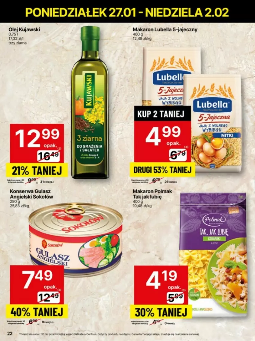 Gazetka promocyjna Delikatesy Centrum - ważna 27.01 do 02.02.2025 - strona 15 - produkty: Bell, Bella, Jaja, Kujawski, Lubella, Makaron, Olej, Olma, Rum, Ser, Sok, Sokołów