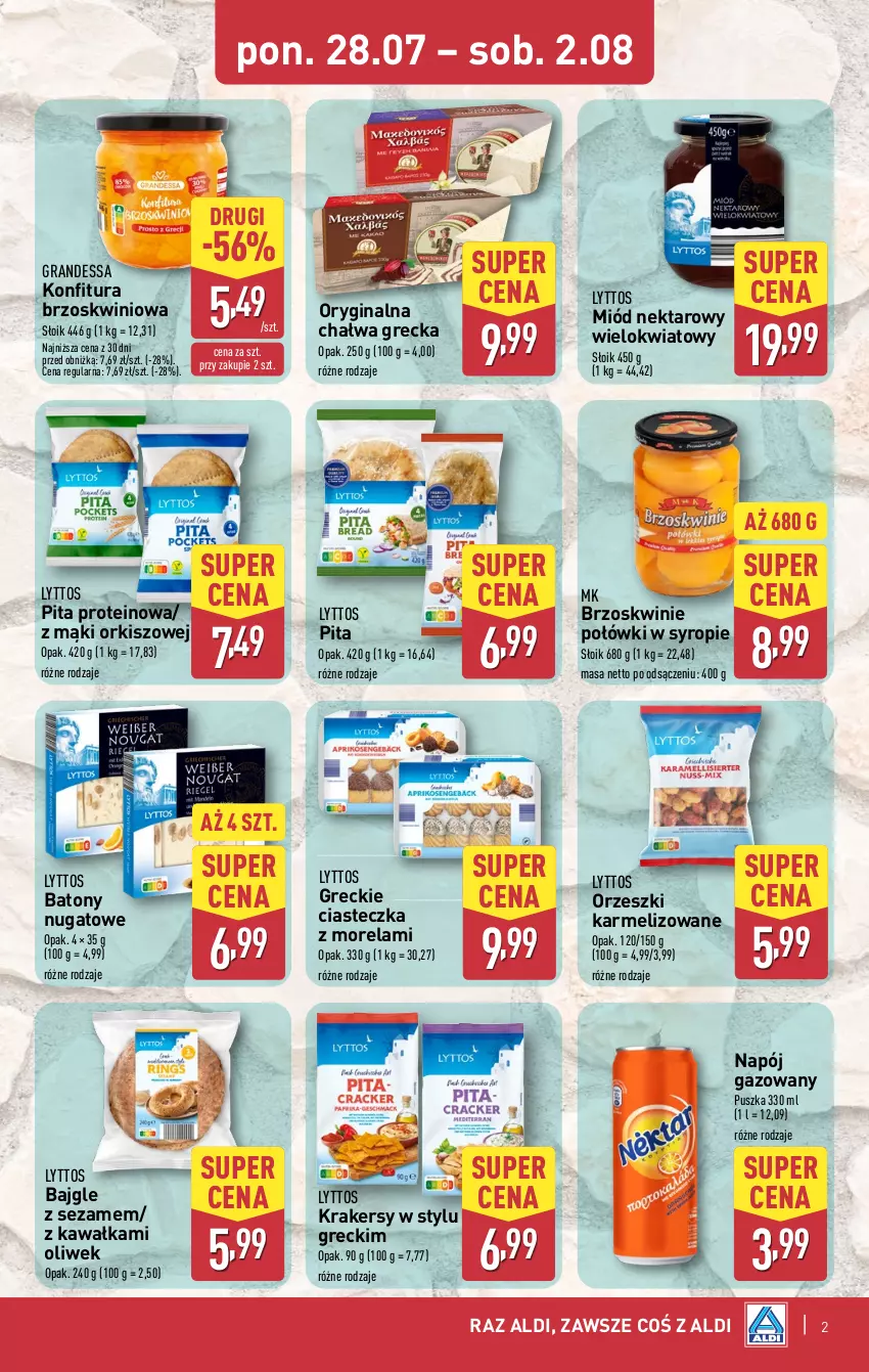 Gazetka promocyjna Aldi - Tydzień Grecki - ważna 28.07 do 02.08.2025 - strona 2 - produkty: Bajgle, Baton, Brzoskwinie, Chałwa, Gin, Gra, Kawa, Konfitura, Krakersy, Miód, Morela, Napój, Napój gazowany, Nektar, Orzeszki, Sezam, Syrop