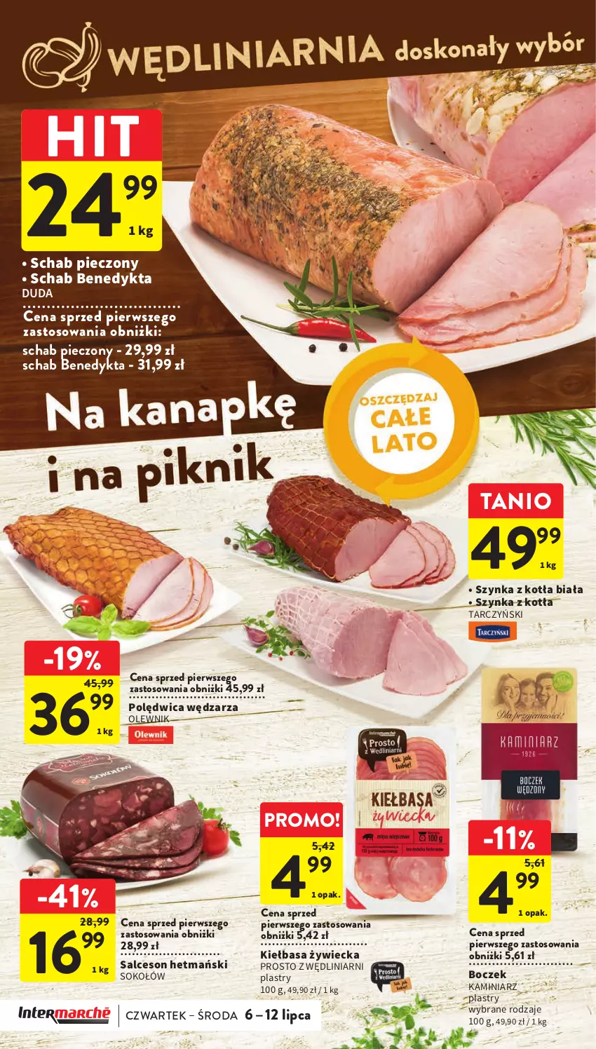 Gazetka promocyjna Intermarche - Gazetka Intermarche - ważna 06.07 do 12.07.2023 - strona 18 - produkty: Boczek, Duda, Kiełbasa, Olewnik, Piec, Polędwica, Salceson, Schab Benedykta, Schab pieczony, Sok, Sokołów, Szynka, Tarczyński