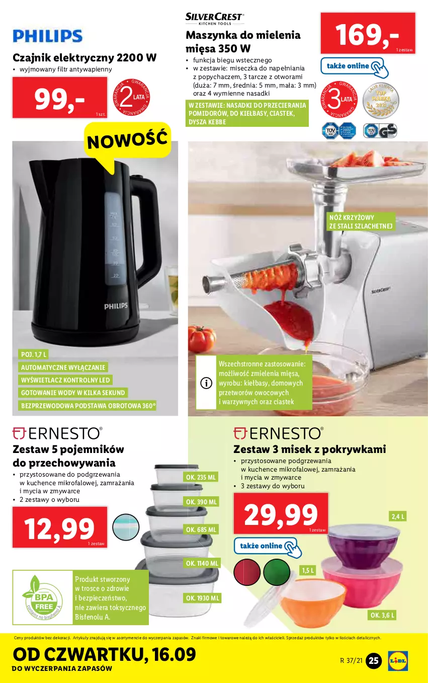 Gazetka promocyjna Lidl - GAZETKA - ważna 13.09 do 19.09.2021 - strona 25 - produkty: Czajnik, Czajnik elektryczny, Fa, Maszynka, Maszynka do mielenia, Miseczka, Piec, Pojemnik, Stek, Szynka, Zdrowie