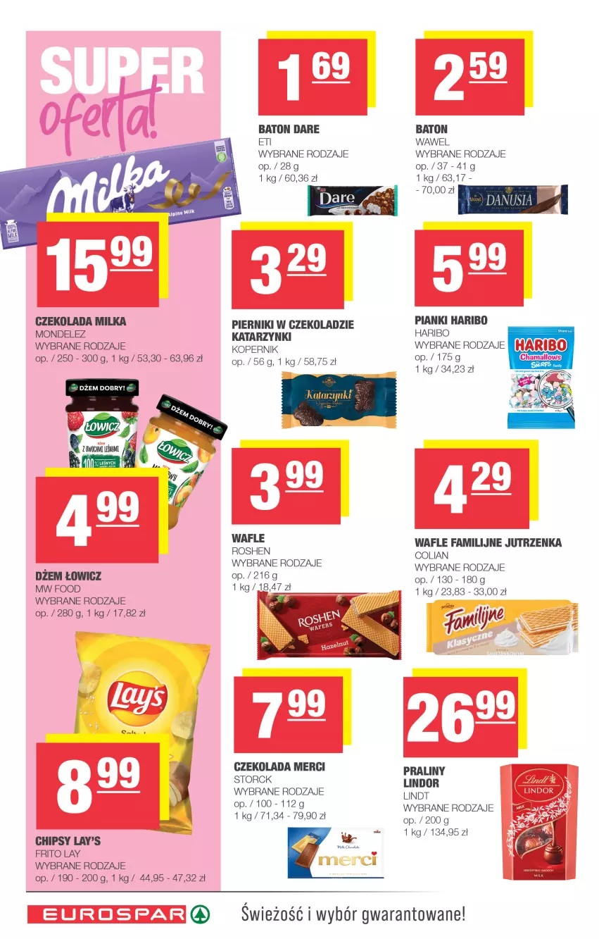 Gazetka promocyjna Spar - EuroSpar - ważna 07.09 do 17.09.2025 - strona 12 - produkty: Baton, Chipsy, Czekolada, Dżem, Fa, Haribo, Jutrzenka, Lindor, Lindt, Milka, Piernik, Pierniki w czekoladzie, Praliny, Wafle, Wawel