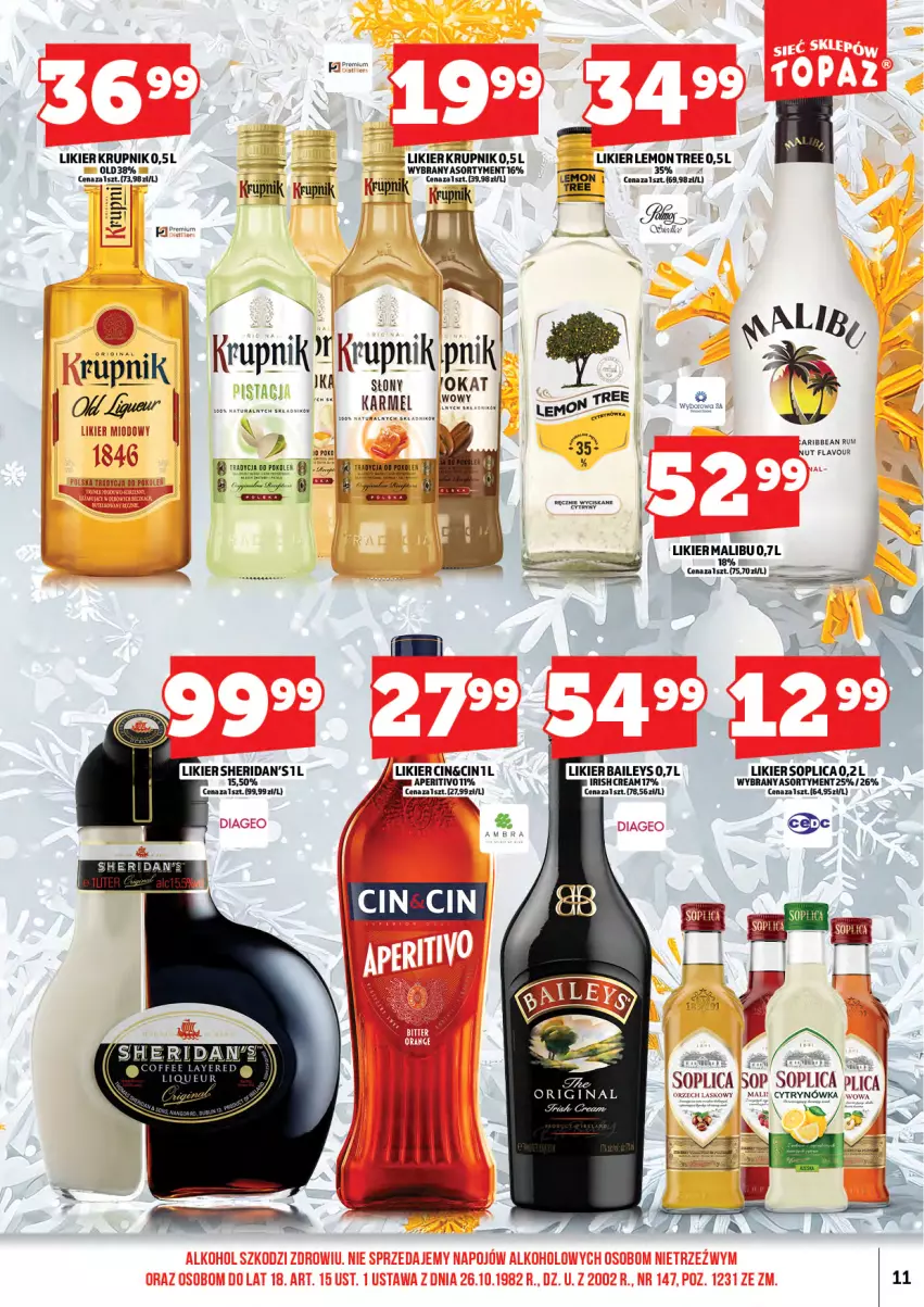 Gazetka promocyjna Topaz - Gazetka - ważna 01.12 do 13.12.2025 - strona 13 - produkty: Gin, Krupnik, Likier, Malibu, Sheridan's, Soplica