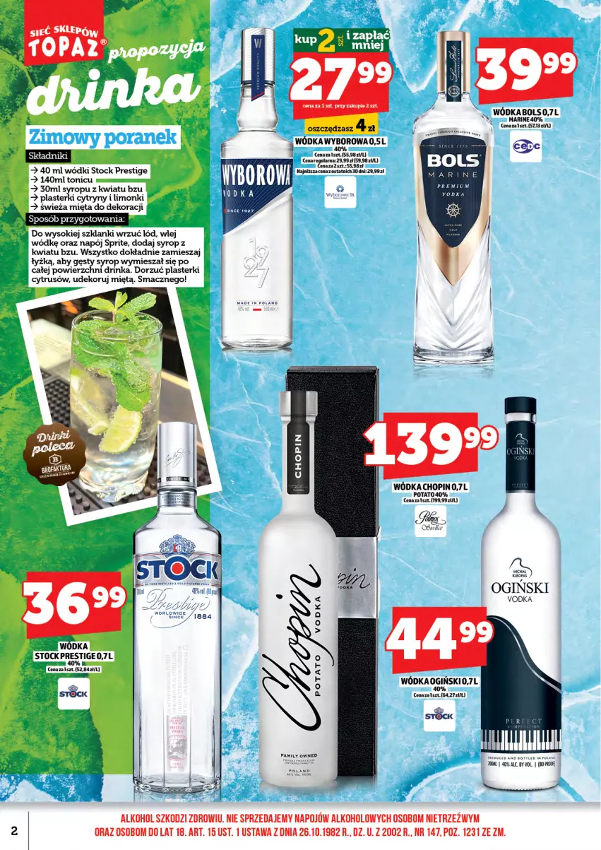 Gazetka promocyjna Topaz - Gazetka - ważna 01.12 do 13.12.2025 - strona 4 - produkty: Bols, Cytryny, Fa, Inka, Lanki, Mięta, Napój, Ogiński, Plasterki, Sok, Sprite, Stock, Syrop, Top, Wódka, Wyborowa