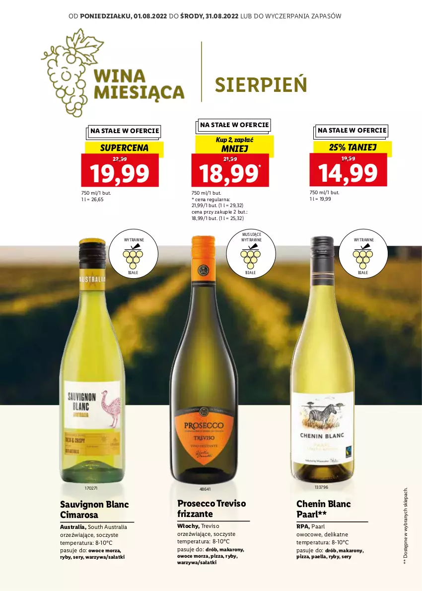 Gazetka promocyjna Lidl - Karta Win - ważna 22.08 do 03.09.2022 - strona 5 - produkty: Drób, Makaron, Mus, Owoce, Owoce morza, Pizza, Prosecco, Sałat, Sauvignon Blanc, Ser, Warzywa