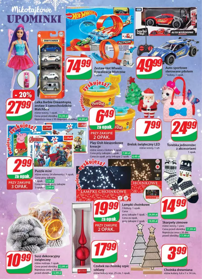 Gazetka promocyjna Dino - Gazetka 48 - ważna 28.11 do 05.12.2023 - strona 24 - produkty: Barbie, Chodzik, Choinka, Gra, Hot Wheels, Inka, Jednorożec, Karp, Lalka, Por, Puzzle, Sport, Szpic, Top, Torebka