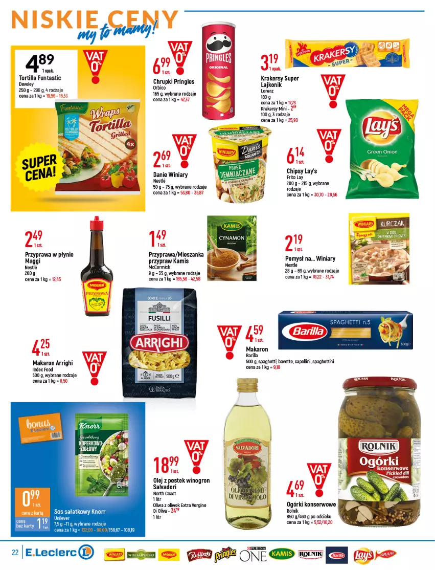 Gazetka promocyjna E Leclerc - ważna 22.03 do 02.04.2022 - strona 22 - produkty: Barilla, Gin, Kamis, Knorr, Krakersy, Lajkonik, Maggi, Makaron, Ogórki konserwowe, Olej, Oliwa z oliwek, Pringles, Przyprawa w płynie, Pur, Purina, Rolnik, Sałat, Ser, Sos, Spaghetti, Stek, Tera, Tortilla, Winiary, Wino