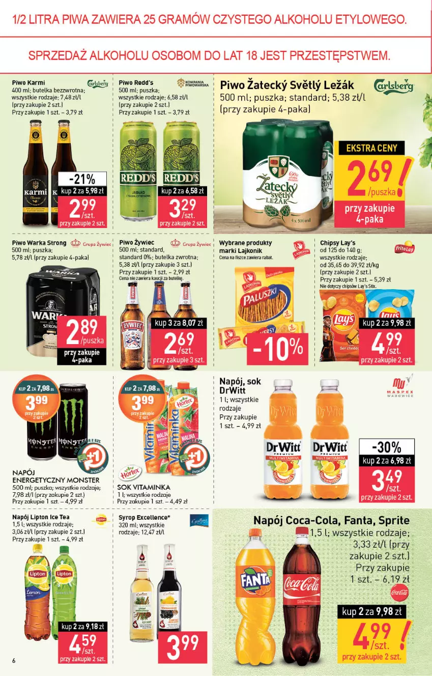 Gazetka promocyjna Stokrotka - Market - ważna 22.07 do 28.07.2021 - strona 6 - produkty: Chipsy, Coca-Cola, Fa, Fanta, Ice tea, Inka, Karmi, Lajkonik, Lipton, Napój, Piwo, Redd's, Sok, Sprite, Syrop, Warka