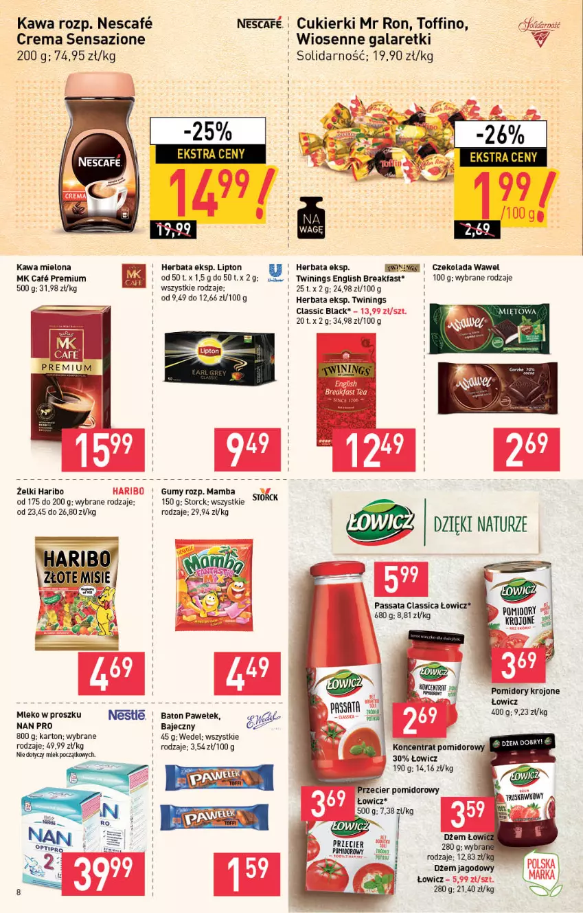 Gazetka promocyjna Stokrotka - Market - ważna 22.07 do 28.07.2021 - strona 8 - produkty: Baton, Cukier, Cukierki, Czekolada, Dżem, Fa, Gala, Galaretki, Haribo, Herbata, Kawa, Kawa mielona, Koncentrat pomidorowy, Lack, Lipton, Mamba, Mleko, Mleko w proszku, Pomidory, Pomidory krojone, Toffino, Wawel