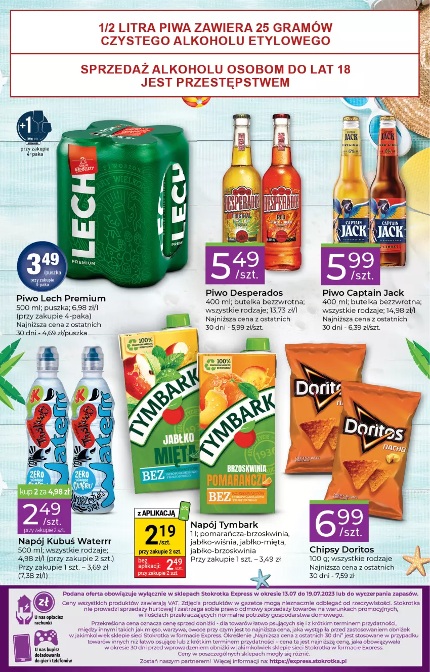 Gazetka promocyjna Stokrotka - Stokrotka Express - ważna 13.07 do 19.07.2023 - strona 3 - produkty: Captain Jack, Chipsy, Desperados, Fa, Gin, Kubuś, Kubuś Waterrr, Lech Premium, Mięso, Mięta, Napój, Owoce, Piwo, Telefon, Tymbark, Warzywa