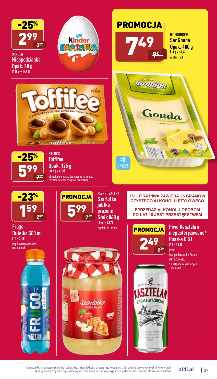 Gazetka promocyjna Aldi - Katalog spożywczy - ważna 28.03 do 02.04.2022 - strona 27 - produkty: Burger, Gouda, Gra, Hofburger, Jabłka, Jabłka prażone, Kasztelan, Kinder, Napój, Piwa, Piwo, Ser, Szarlotka, Toffifee