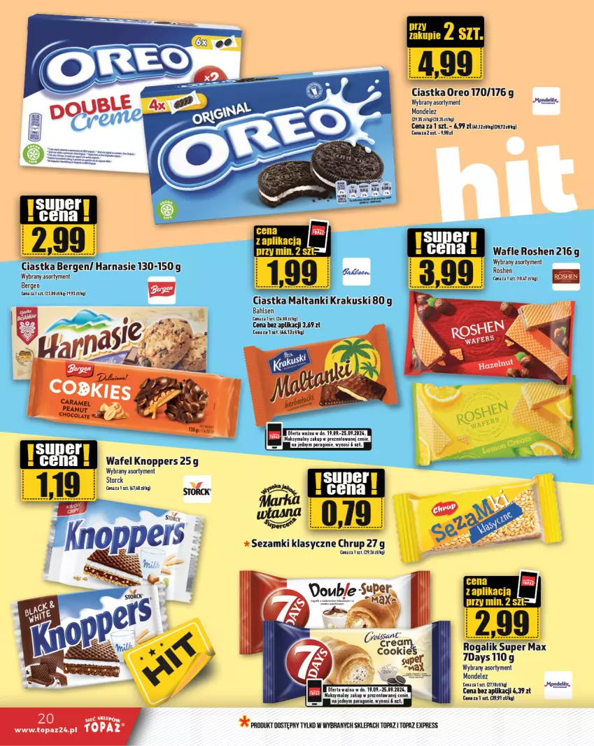 Gazetka promocyjna Topaz - Gazetka - ważna 19.09 do 25.09.2024 - strona 20 - produkty: Ciastka, Knoppers, Krakus, Krakuski, Oreo, Rogal, Sezam, Top, Wafle