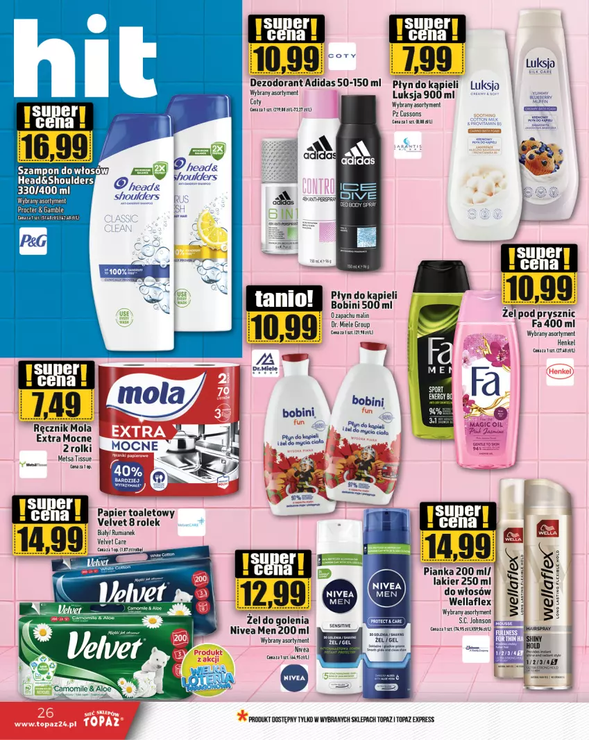 Gazetka promocyjna Topaz - Gazetka - ważna 19.09 do 25.09.2024 - strona 26 - produkty: Adidas, Dezodorant, Fa, Lakier, Luksja, Mola, Nivea, Nivea Men, Papier, Papier toaletowy, Płyn do kąpieli, Ręcznik, Rolki, Rum, Top, Velvet, Wella, Wellaflex