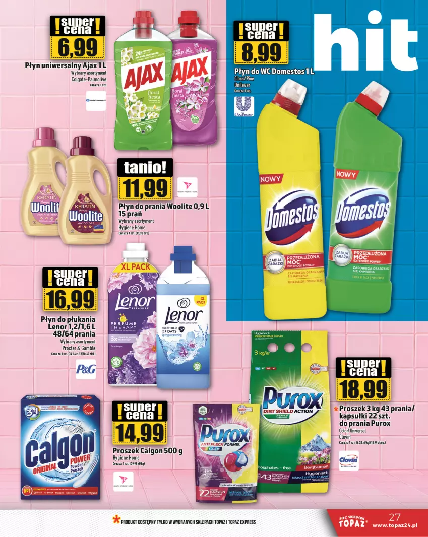 Gazetka promocyjna Topaz - Gazetka - ważna 19.09 do 25.09.2024 - strona 27 - produkty: 7 Days, Ajax, Calgon, Colgate, Lenor, LG, Lovi, Palmolive, Płyn do płukania, Płyn do prania, Pur, Top, Woolite