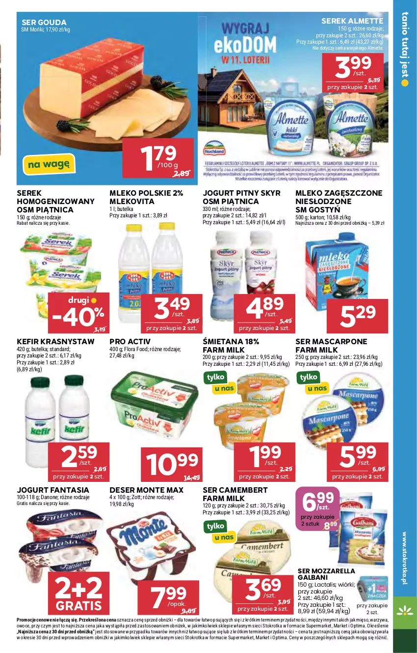Gazetka promocyjna Stokrotka - Market - ważna 22.10 do 28.10.2026 - strona 16 - produkty: Almette, Camembert, Danone, Deser, Fa, Fanta, Farm Milk, Flora, Galbani, Gouda, Gra, Jogurt, Jogurt pitny, Kefir, Mascarpone, Mięso, Mleko, Mleko zagęszczone, Mlekovita, Monte, Mozzarella, Optima, Owoce, Piątnica, Ser, Serek, Serek homogenizowany, Warzywa, Zott