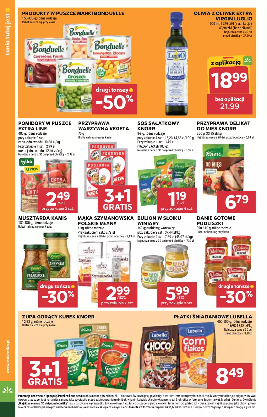 Gazetka promocyjna Stokrotka - Market - ważna 22.10 do 28.10.2026 - strona 19 - produkty: Bell, Bella, Bonduelle, Bulion, Danie gotowe, Danio, Gin, Gra, Kamis, Knorr, Kubek, Lion, Lubella, Mąka, Mięso, Mus, Musztarda, Oliwa, Oliwa z oliwek, Optima, Owoce, Polskie Młyny, Pomidory, Pudliszki, Sałat, Sos, Vegeta, Warzywa, Winiary, Zupa