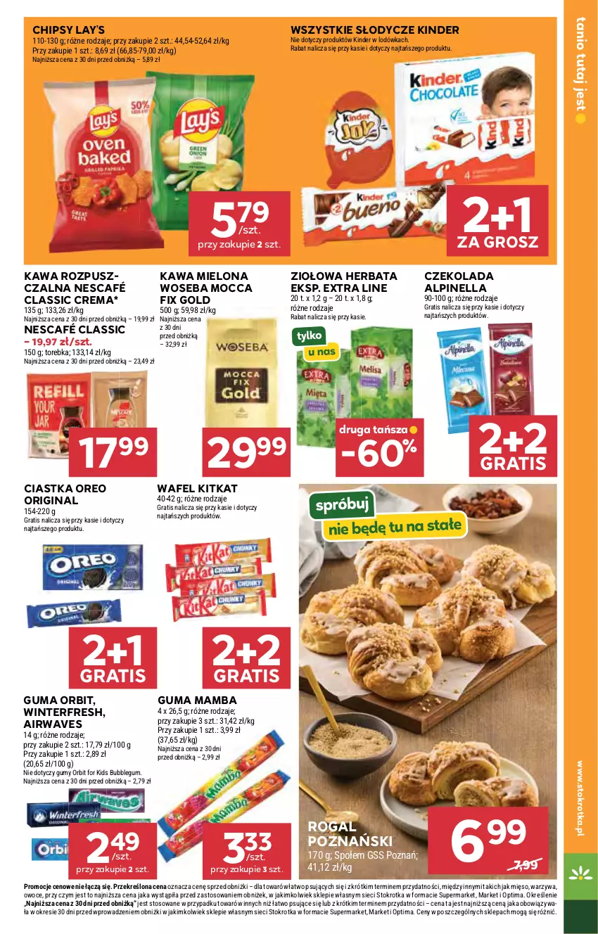 Gazetka promocyjna Stokrotka - Market - ważna 22.10 do 28.10.2026 - strona 20 - produkty: Chipsy, Ciastka, Czekolada, Gin, Gra, Herbata, Kawa, Kawa mielona, Kawa rozpuszczalna, Kinder, Lay’s, Lodówka, Mamba, Mięso, Mocca Fix Gold, Nescafé, Optima, Orbit, Oreo, Owoce, Rogal, Torebka, Warzywa, Woseba
