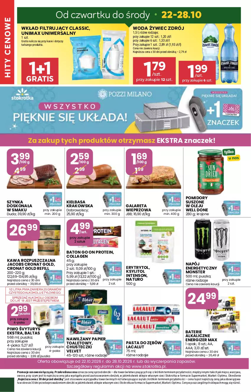 Gazetka promocyjna Stokrotka - Market - ważna 22.10 do 28.10.2026 - strona 30 - produkty: Baterie alkaliczne, Baton, Chusteczki, Duda, Energizer, Gala, Gra, Jacobs, Kawa, Kawa rozpuszczalna, Kiełbasa, Kiełbasa krakowska, Ksylitol, Lacalut, Mięso, Napój, Napój energetyczny, Nawilżany papier, Olej, Optima, Owoce, Papier, Papier toaletowy, Pasta do zębów, Piwa, Piwo, Pomidory, Szynka, Velvet, Warzywa, Wkład filtrujący, Woda