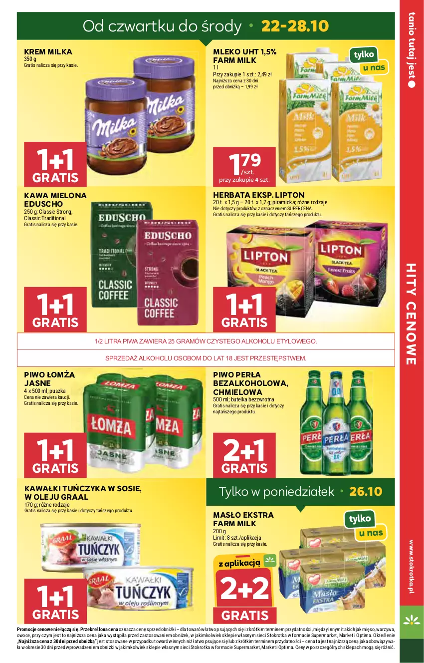 Gazetka promocyjna Stokrotka - Market - ważna 22.10 do 28.10.2026 - strona 6 - produkty: Fa, Farm Milk, Gra, Graal, Herbata, Kawa, Kawa mielona, Lipton, Masło, Mięso, Milka, Mleko, Olej, Optima, Owoce, Perła, Piwa, Piwo, Sos, Tuńczyk, Warzywa