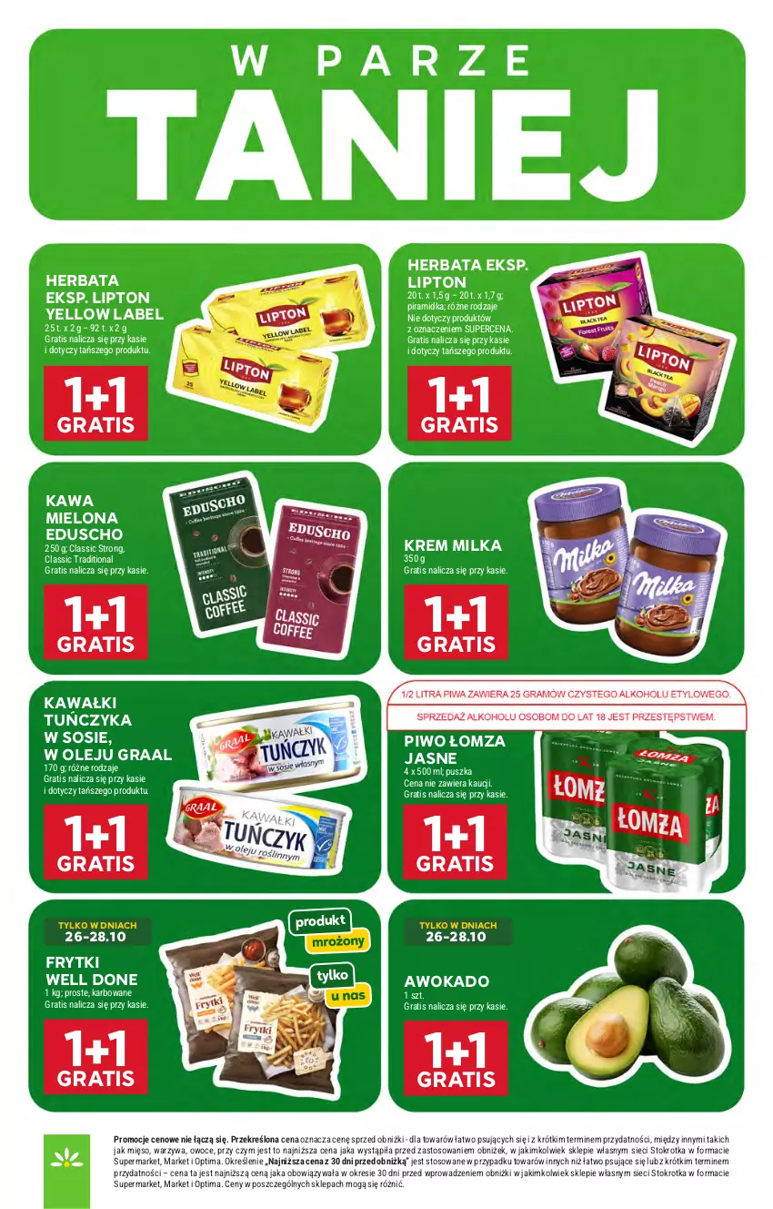 Gazetka promocyjna Stokrotka - Market - ważna 22.10 do 28.10.2026 - strona 9 - produkty: Frytki, Gra, Graal, Herbata, Kawa, Kawa mielona, Lipton, Mięso, Milka, Olej, Optima, Owoce, Piwo, Sos, Tuńczyk, Warzywa