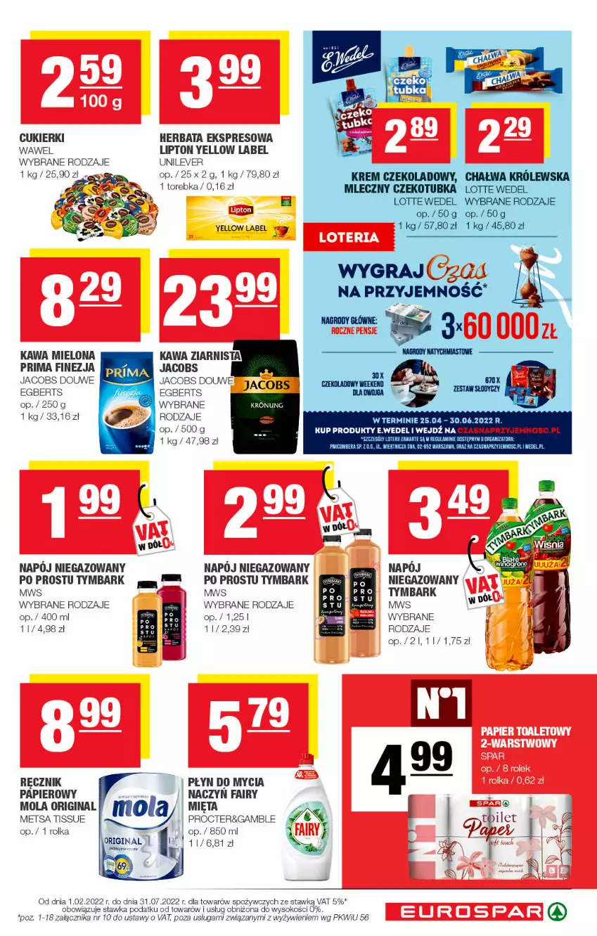 Gazetka promocyjna Spar - EuroSpar - ważna 19.04 do 29.04.2022 - strona 11 - produkty: Cukier, Cukierki, Fa, Fairy, Gin, Herbata, Jacobs, Kawa, Kawa mielona, Kawa ziarnista, Lipton, Mięta, Mola, Napój, Napój niegazowany, Papier, Płyn do mycia, Prima, Ręcznik, Sok, Torebka, Tymbark, Wawel