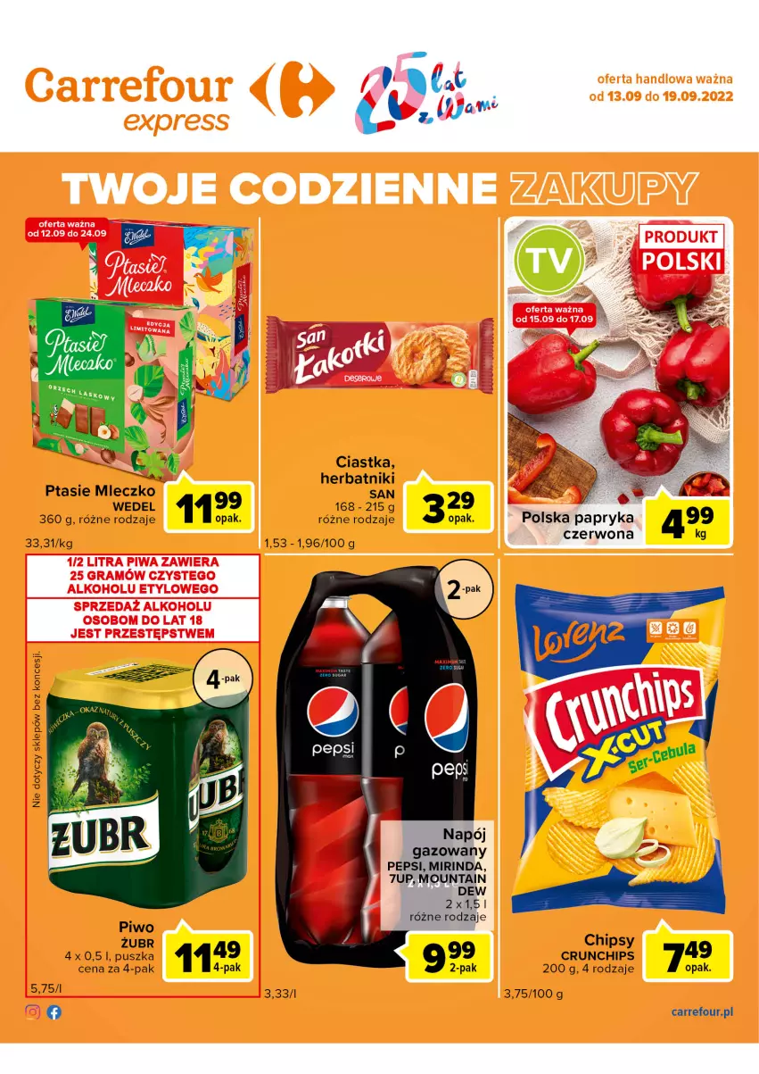 Gazetka promocyjna Carrefour - Gazetka Express - ważna 13.09 do 19.09.2022 - strona 2 - produkty: 7up, Chipsy, Ciastka, Crunchips, Gra, Herbatniki, Mirinda, Mleczko, Napój, Napój gazowany, Papryka, Papryka czerwona, Pepsi, Piwa, Piwo, Ptasie mleczko