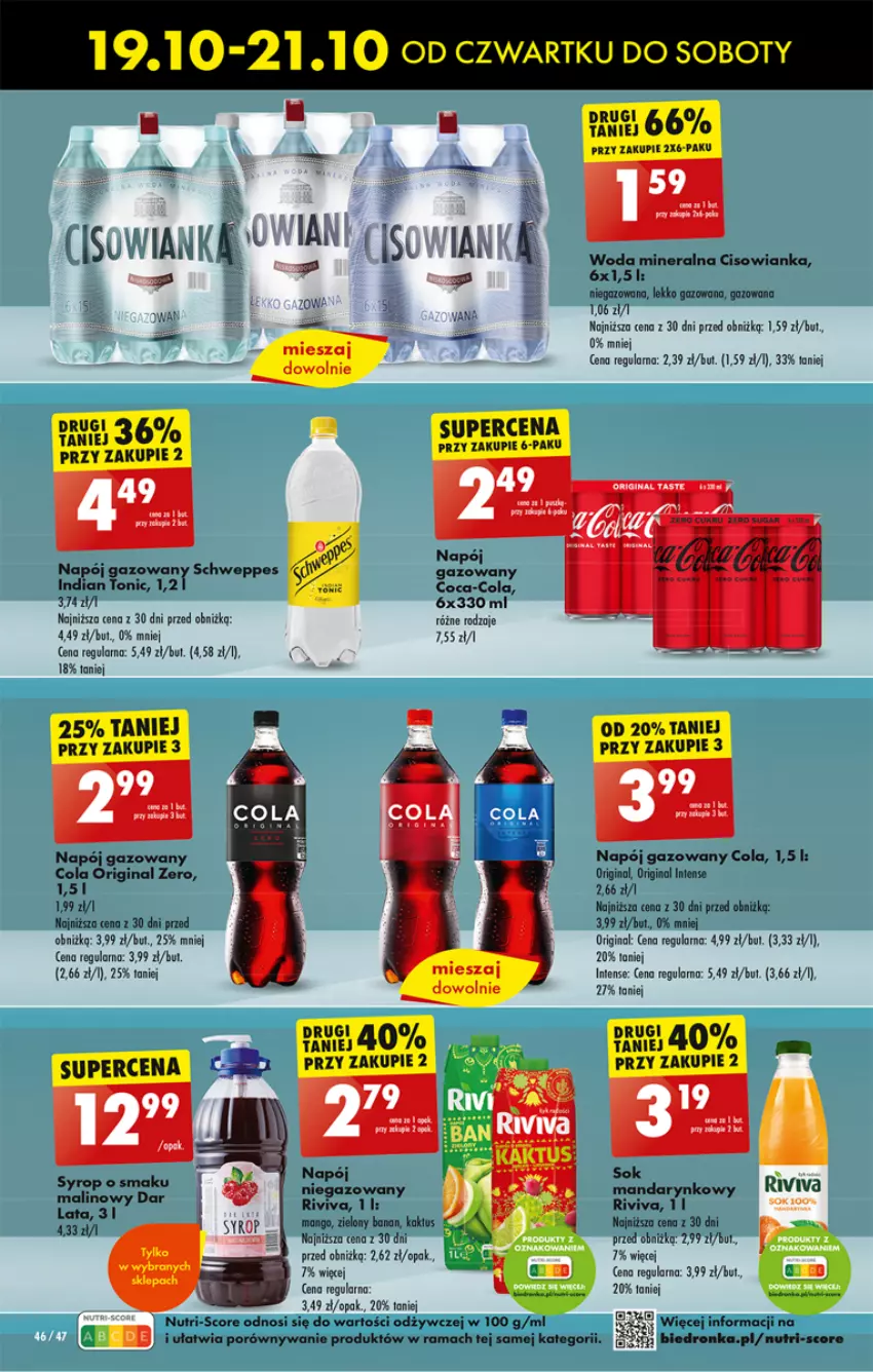 Gazetka promocyjna Biedronka - Od czwartku - ważna 19.10 do 25.10.2023 - strona 46 - produkty: Cisowianka, Coca-Cola, Gin, Mango, Napój, Napój gazowany, Por, Rama, Schweppes, Syrop, Woda, Woda mineralna