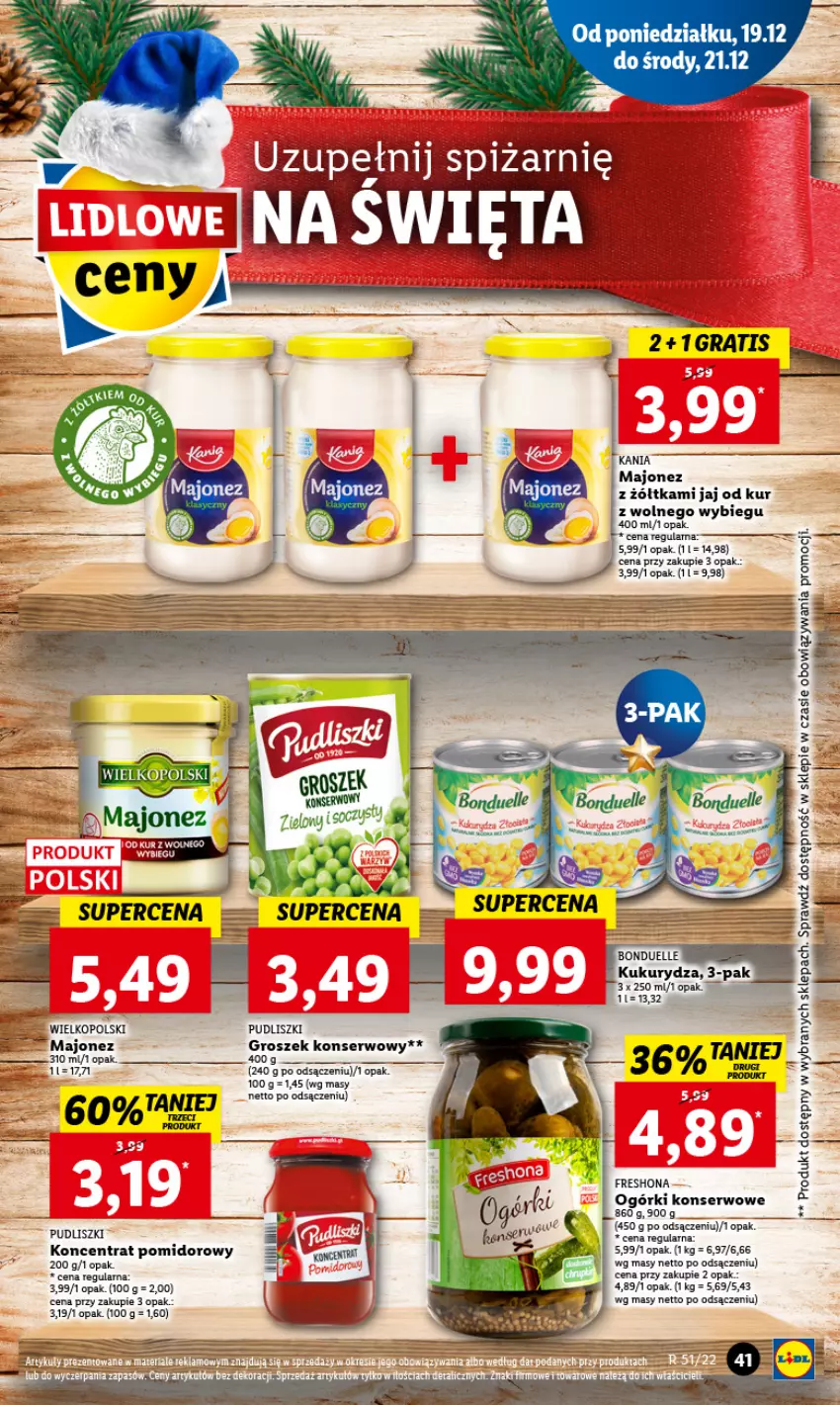 Gazetka promocyjna Lidl - GAZETKA - ważna 19.12 do 21.12.2022 - strona 45 - produkty: Bonduelle, Groszek, Koncentrat pomidorowy, Kukurydza, Majonez, Ogórki konserwowe, Pudliszki, Ser