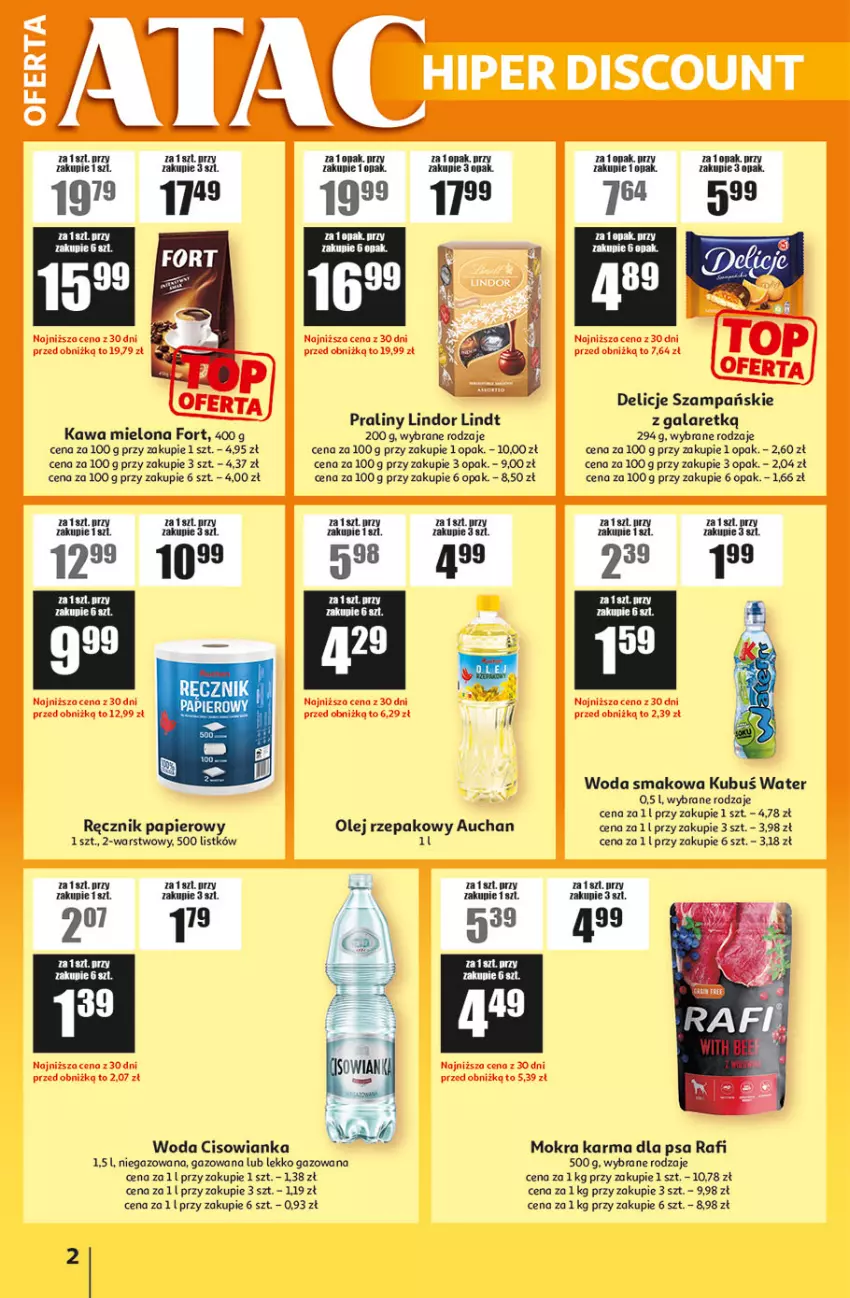 Gazetka promocyjna Auchan - ATAC Hiper Discount - ważna 22.01 do 11.02.2026 - strona 2 - produkty: Cisowianka, Delicje, Gala, Kawa, Kawa mielona, Kubuś, Lindor, Lindt, Mokra karma, Olej, Olej rzepakowy, Papier, Praliny, Ręcznik, Woda