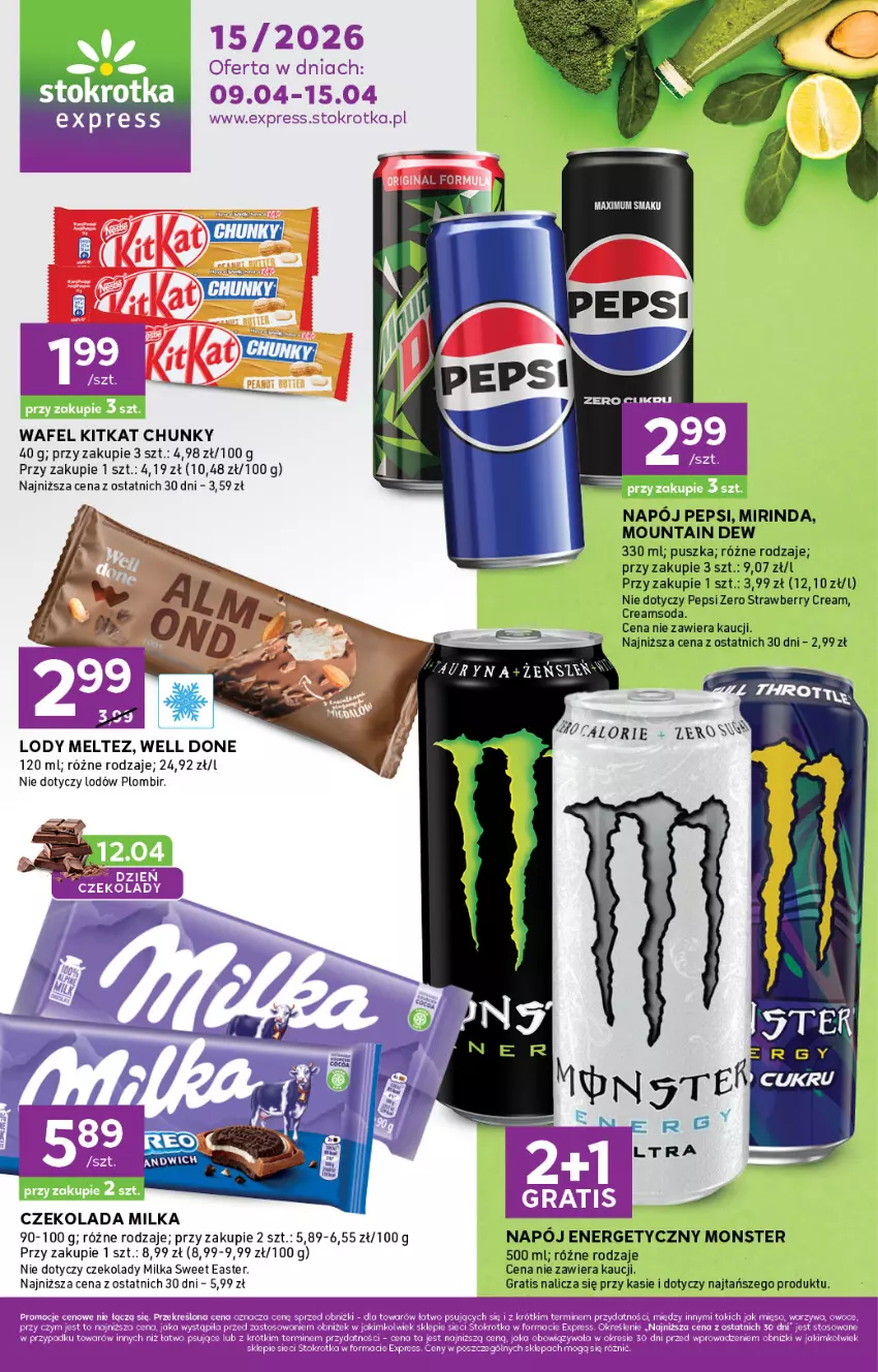 Gazetka promocyjna Stokrotka - Stokrotka Express - ważna 09.04 do 15.04.2026 - strona 1 - produkty: Czekolada, Fa, Gra, Lody, Mięso, Milka, Mirinda, Napój, Napój energetyczny, Owoce, Pepsi, Warzywa