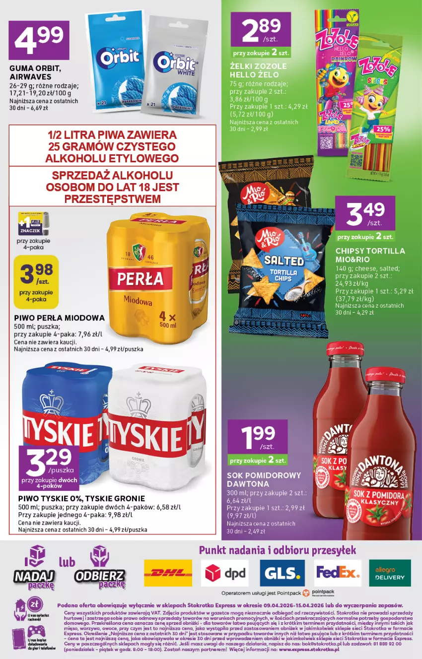 Gazetka promocyjna Stokrotka - Stokrotka Express - ważna 09.04 do 15.04.2026 - strona 6 - produkty: Dawtona, Gra, Mięso, O nas, Orbit, Owoce, Perła, Piwa, Piwo, Sok, Sok pomidorowy, Tyskie, Wagi, Warzywa