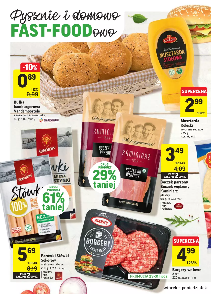 Gazetka promocyjna Intermarche - Gazetka promocyjna - ważna 27.07 do 02.08.2021 - strona 22 - produkty: Boczek, Bułka, Bułka hamburger, Burger, Fa, Hamburger, Mus, Musztarda, Parówki, Sezam, Sok, Sokołów