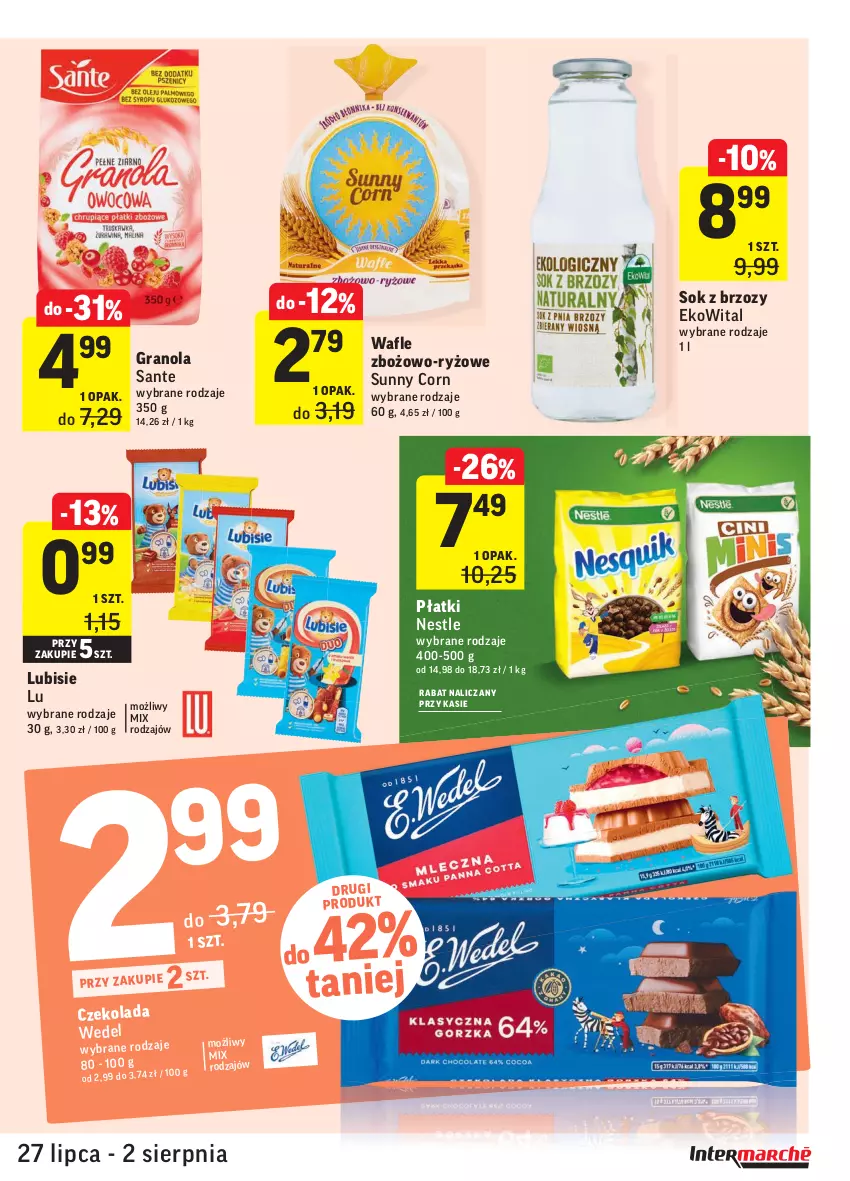 Gazetka promocyjna Intermarche - Gazetka promocyjna - ważna 27.07 do 02.08.2021 - strona 27 - produkty: Czekolada, Gra, Granola, Lubisie, Ryż, Sante, Sok, Wafle