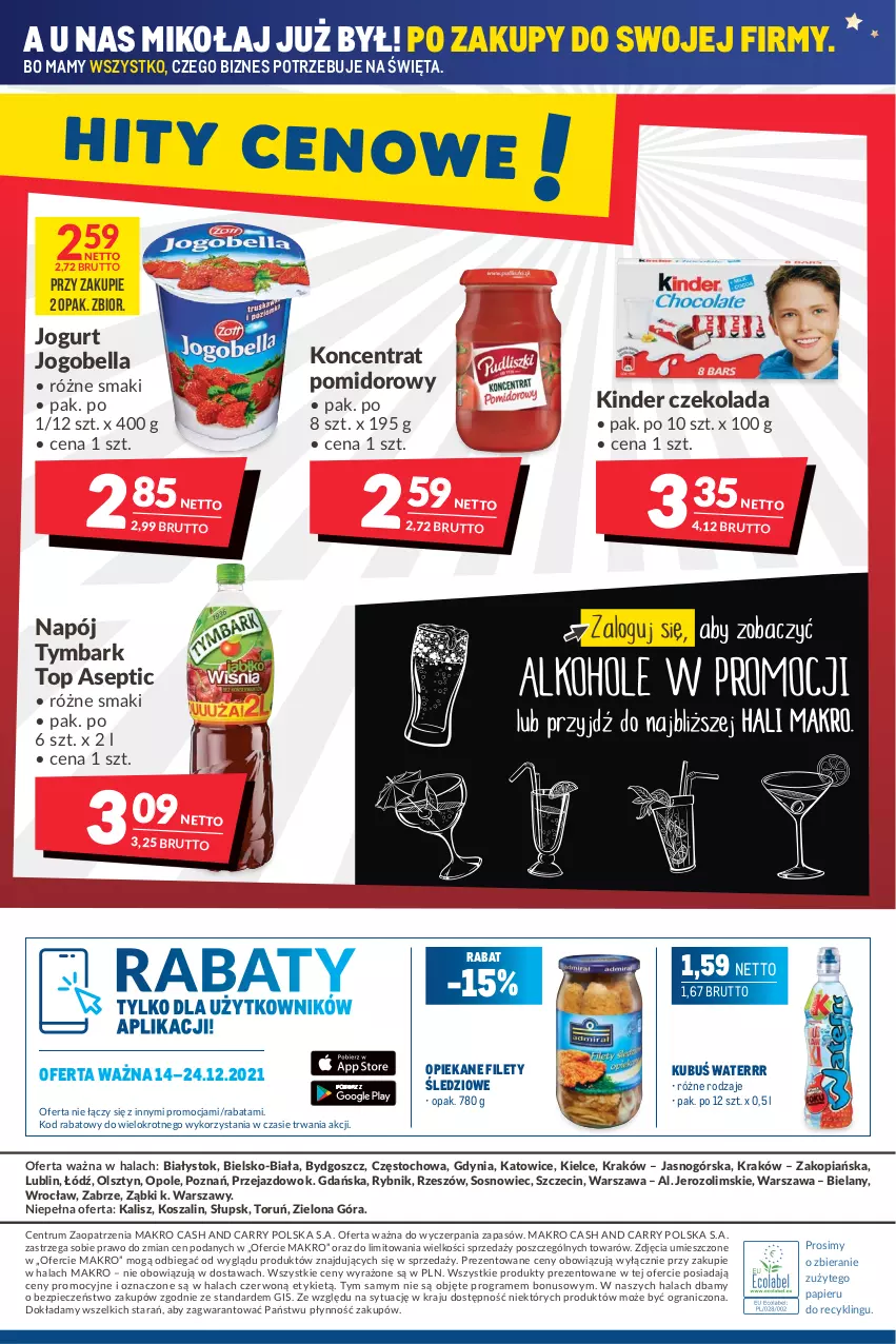 Gazetka promocyjna Makro - [Oferta promocyjna] Artykuły spożywcze i przemysłowe - ważna 14.12 do 26.12.2021 - strona 20 - produkty: Bell, Bella, Czekolada, Gra, Jogobella, Jogurt, Kinder, Koncentrat pomidorowy, Kosz, Kubuś, Kubuś Waterrr, Napój, Papier, Piec, Rum, Sos, Szal, Top, Tymbark