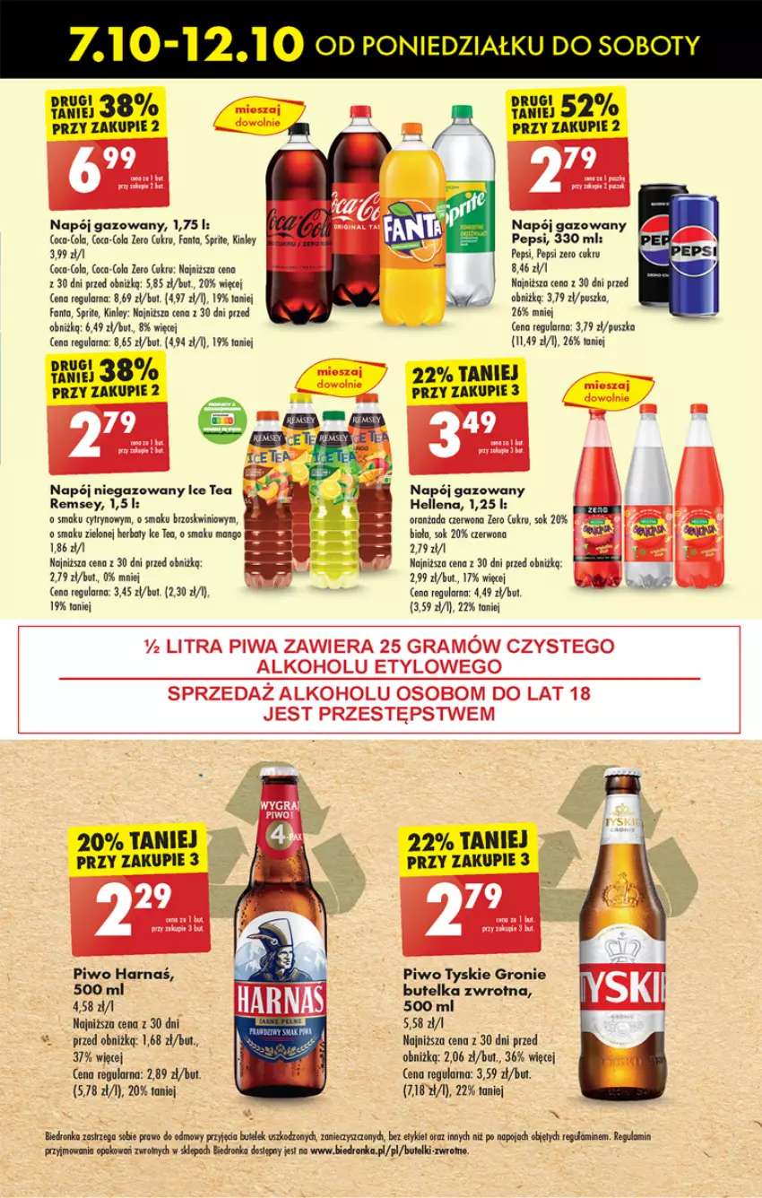 Gazetka promocyjna Biedronka - Od Poniedziałku - ważna 07.10 do 12.10.2024 - strona 53 - produkty: Coca-Cola, Fa, Fanta, Hellena, Ice tea, Mango, Napój, Napój gazowany, Pepsi, Piwo, Sok, Sprite, Tyskie