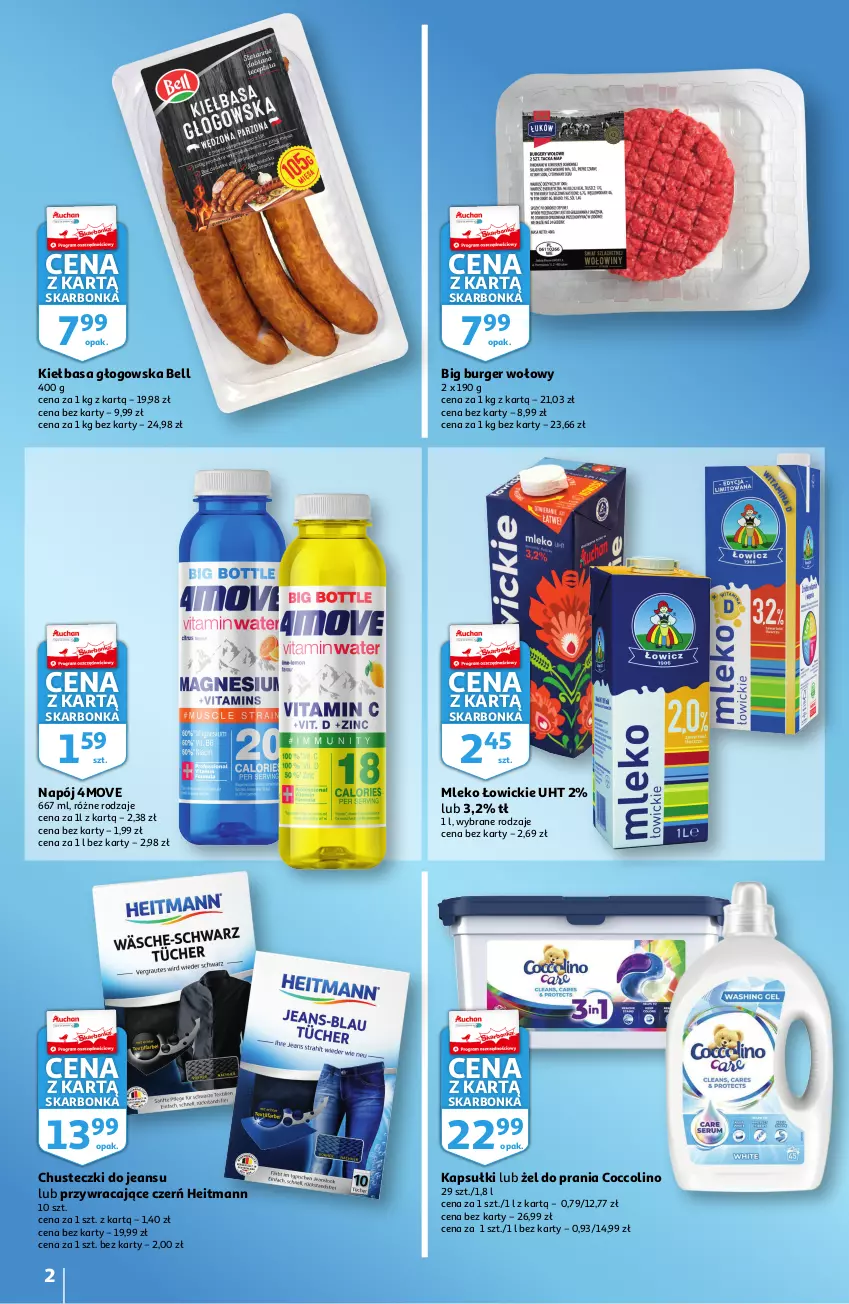 Gazetka promocyjna Auchan - Skarbonka #27 - ważna 08.07 do 14.07.2021 - strona 2 - produkty: Bell, Burger, Chusteczki, Coccolino, Kiełbasa, Kiełbasa głogowska, Mleko, Napój