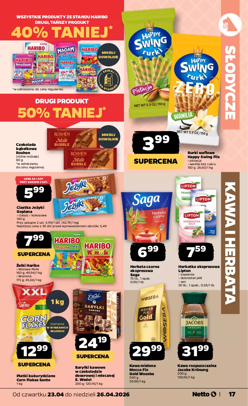 Gazetka promocyjna Netto - Od Czwartku - ważna 23.04 do 26.04.2026 - strona 17 - produkty: Baryłki, Ciastka, Corn flakes, Czekolada, Deser, E. Wedel, Goplana, Haribo, Herbata, Herbata czarna, Jacobs, Jacobs Krönung, Jeżyki, Kawa, Kawa mielona, Kawa rozpuszczalna, Kokos, LANA, Lipton, Mocca Fix Gold, Rurki, Saga, Sante, Ser, Woseba