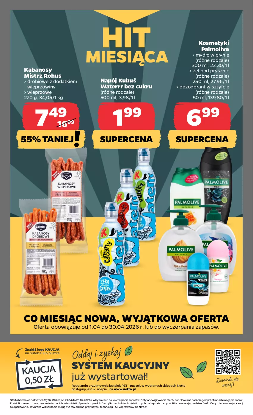 Gazetka promocyjna Netto - Od Czwartku - ważna 23.04 do 26.04.2026 - strona 21 - produkty: Dezodorant, Kabanos, Kubuś, Kubuś Waterrr, Mydło, Mydło w płynie, Napój, Palmolive