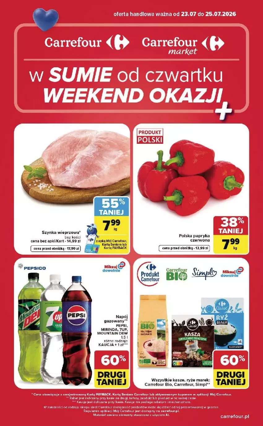 Gazetka promocyjna Carrefour - Gazetka Carrefour, Market w SUMIE od czwartku WEEKEND OKAZJI - ważna 23.07 do 25.07.2026 - strona 1 - produkty: Fa, Mirinda, Napój, Napój gazowany, Papryka, Pepsi, Por, Szynka, Szynka wieprzowa, Tera