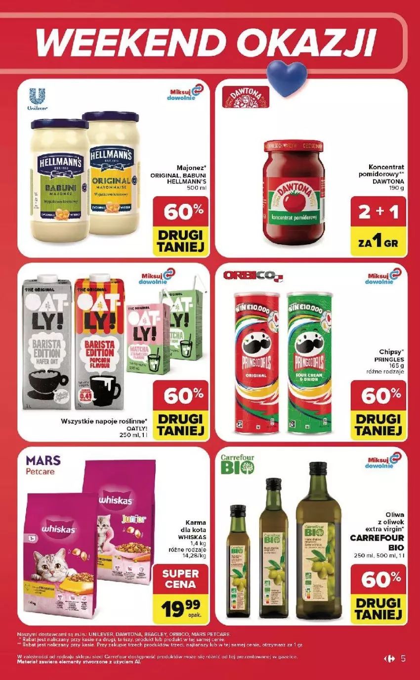 Gazetka promocyjna Carrefour - Gazetka Carrefour, Market w SUMIE od czwartku WEEKEND OKAZJI - ważna 23.07 do 25.07.2026 - strona 5 - produkty: Chipsy, Dawtona, Fa, Gin, Koncentrat pomidorowy, LG, Majonez, Mars, Napoje, Oliwa, Oliwa z oliwek, Popcorn, Whiskas